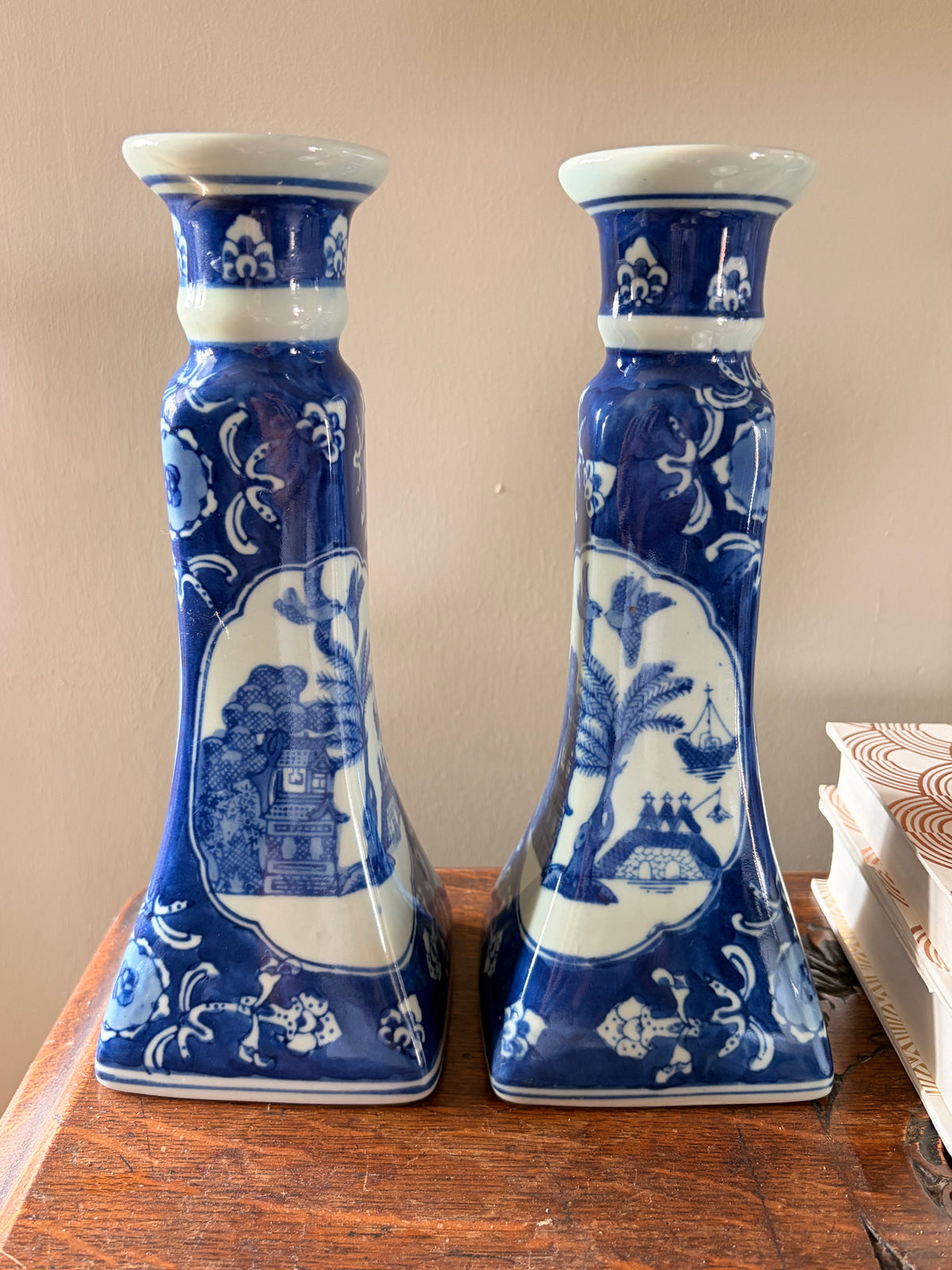 Pair of Vintage Blue and White Chinoiserie Porcelain Candlesticks