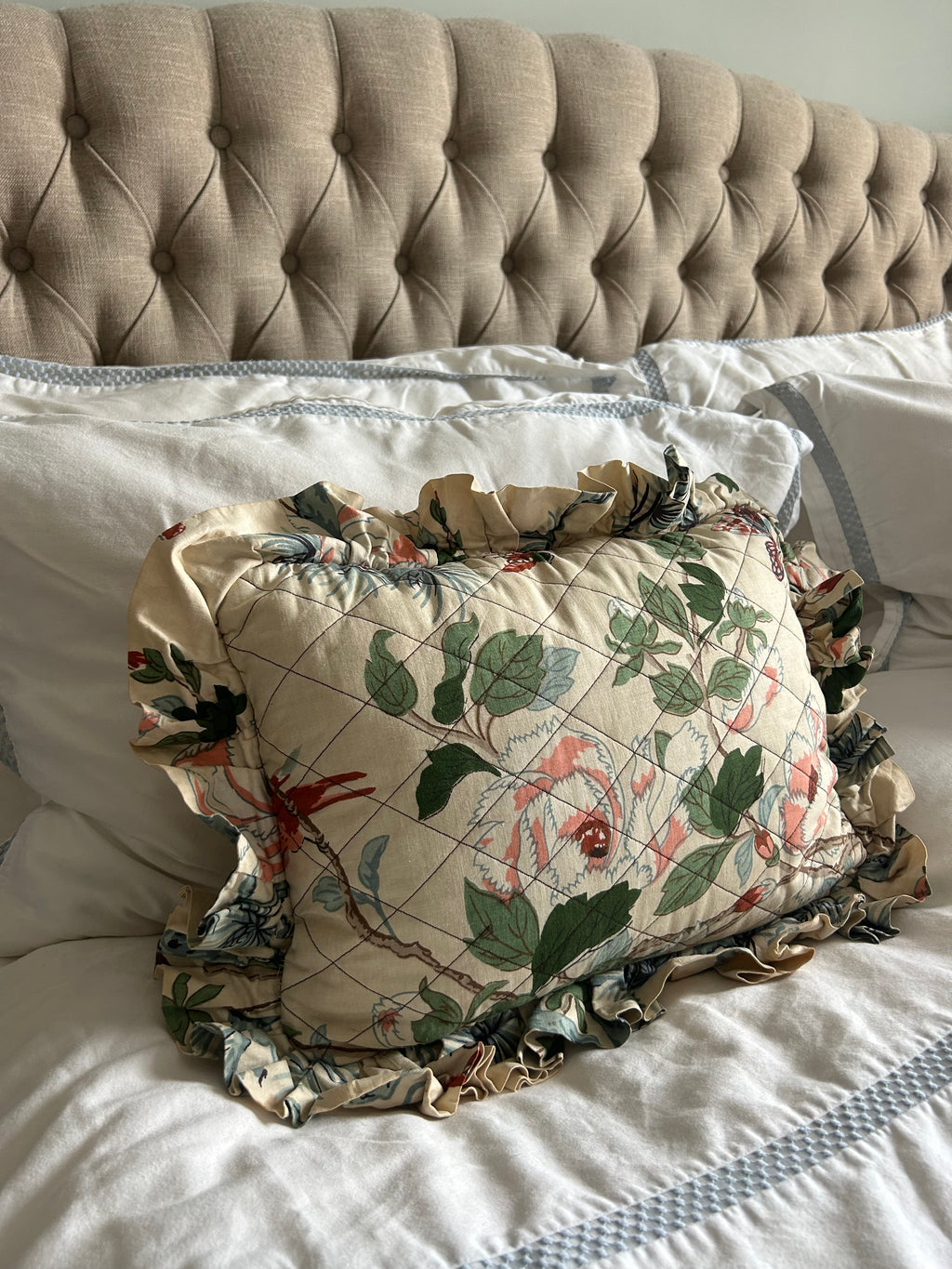 Vintage Floral Quilted Ruffle Cushion – Botanical Chintz Boudoir Pillow
