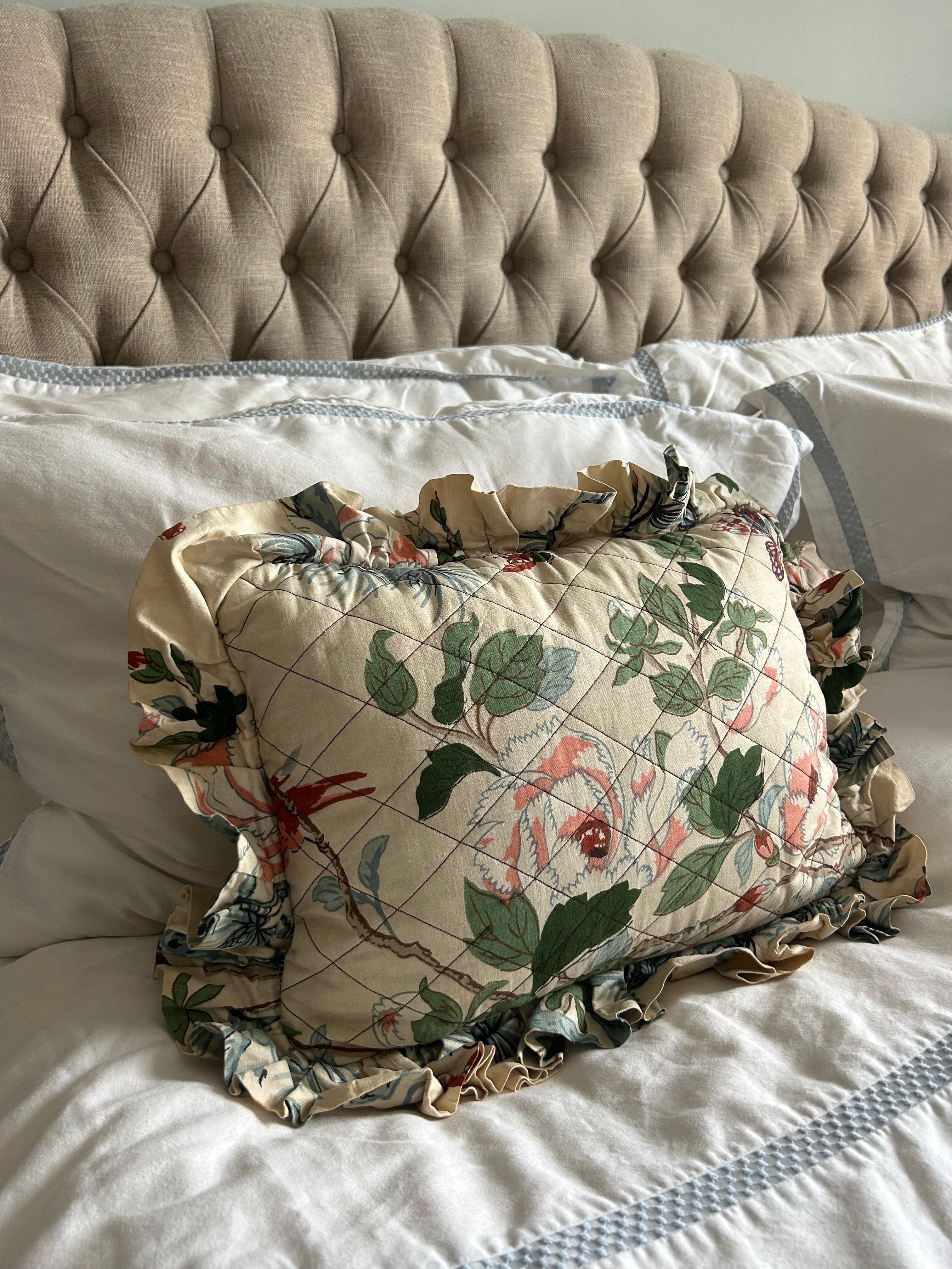 Vintage Floral Quilted Ruffle Cushion – Botanical Chintz Boudoir Pillow