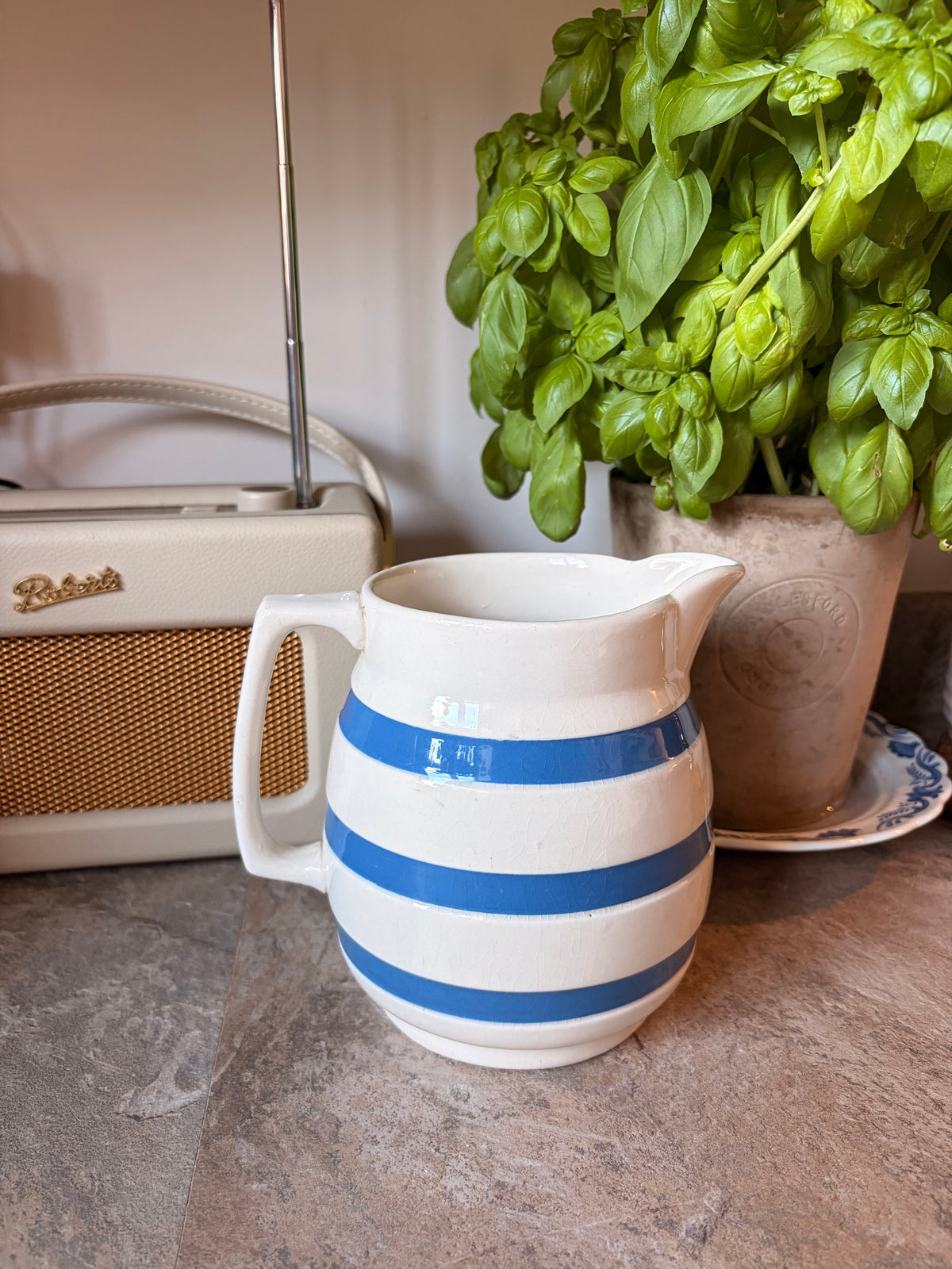 Vintage Staffordshire Chef Ware Striped Blue & Cream Milk Pitcher Jug