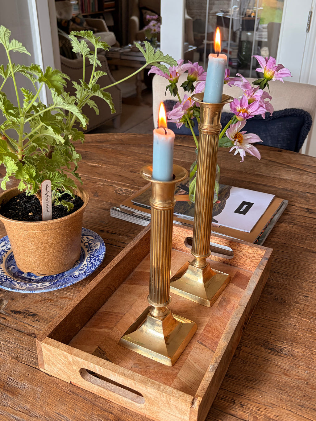 Pair of Vintage Brass Fluted Georgian Style Column Candlesticks