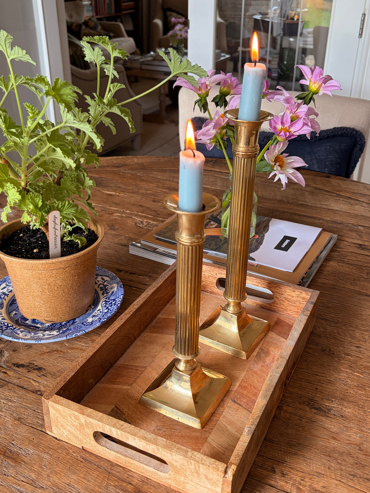 Pair of Vintage Brass Fluted Georgian Style Column Candlesticks