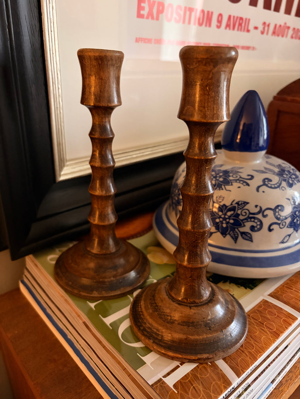 Pair of Vintage Turned Wood Candlesticks