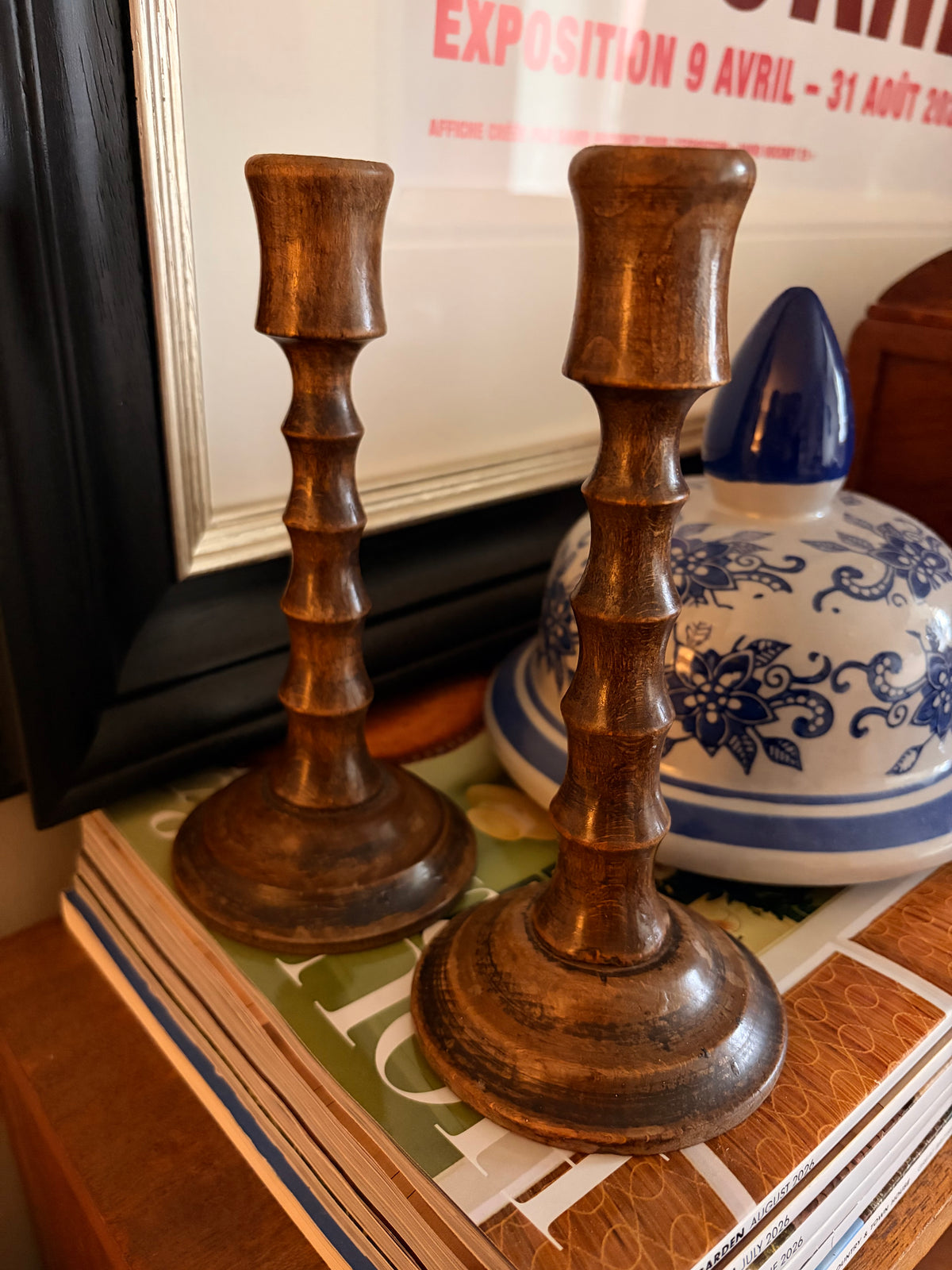 Pair of Vintage Turned Wood Candlesticks
