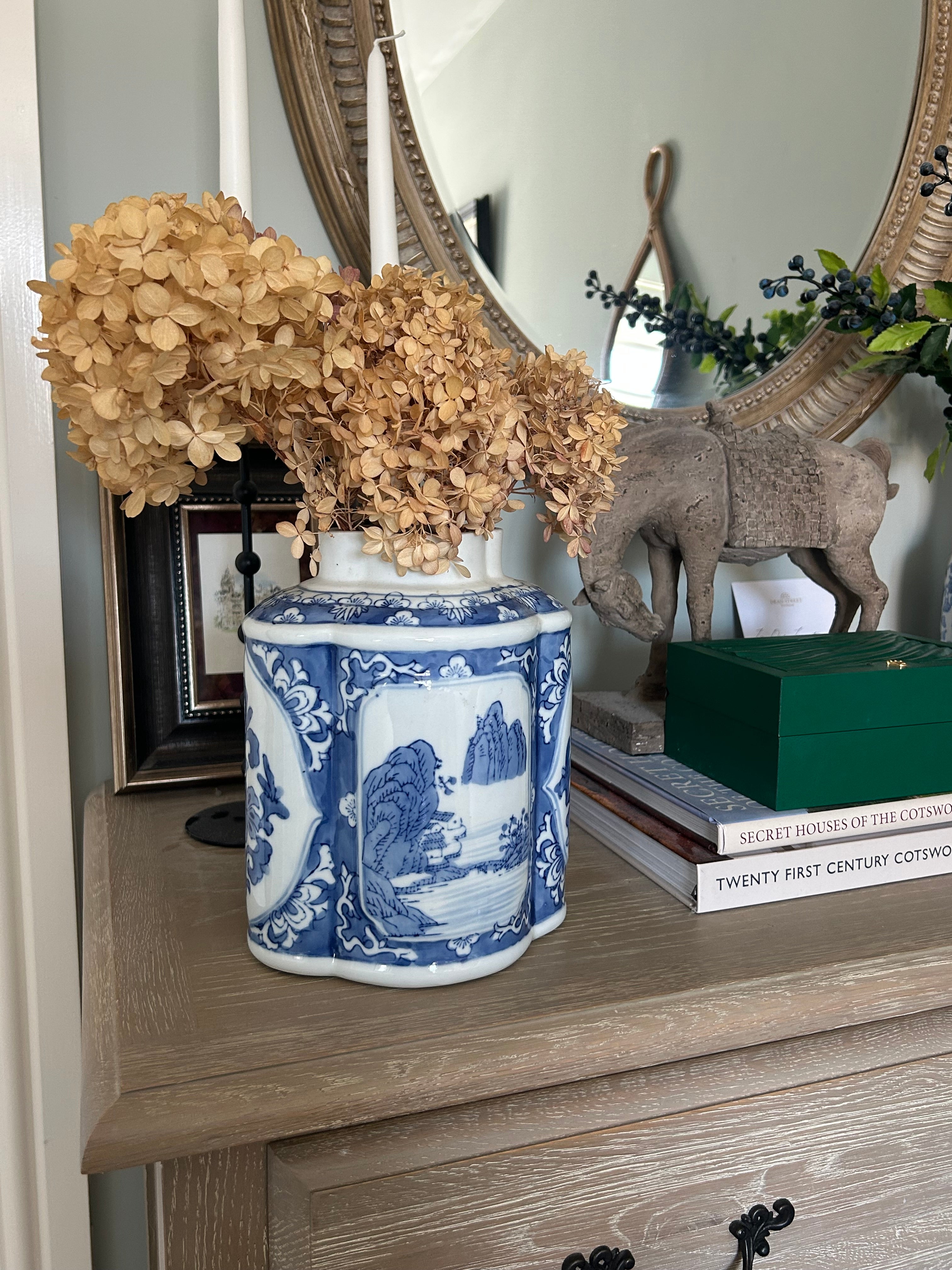 Vintage Large Chinese Blue & White Lobed Tea Jar with Cover