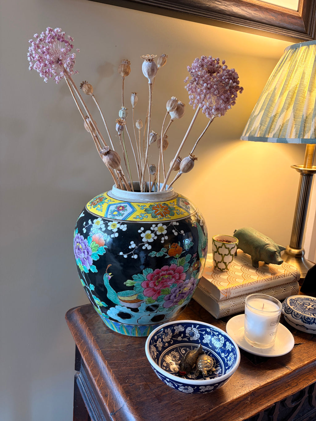 Vintage Japanese Black Porcelain Peacock & Peony Ginger Jar Vase