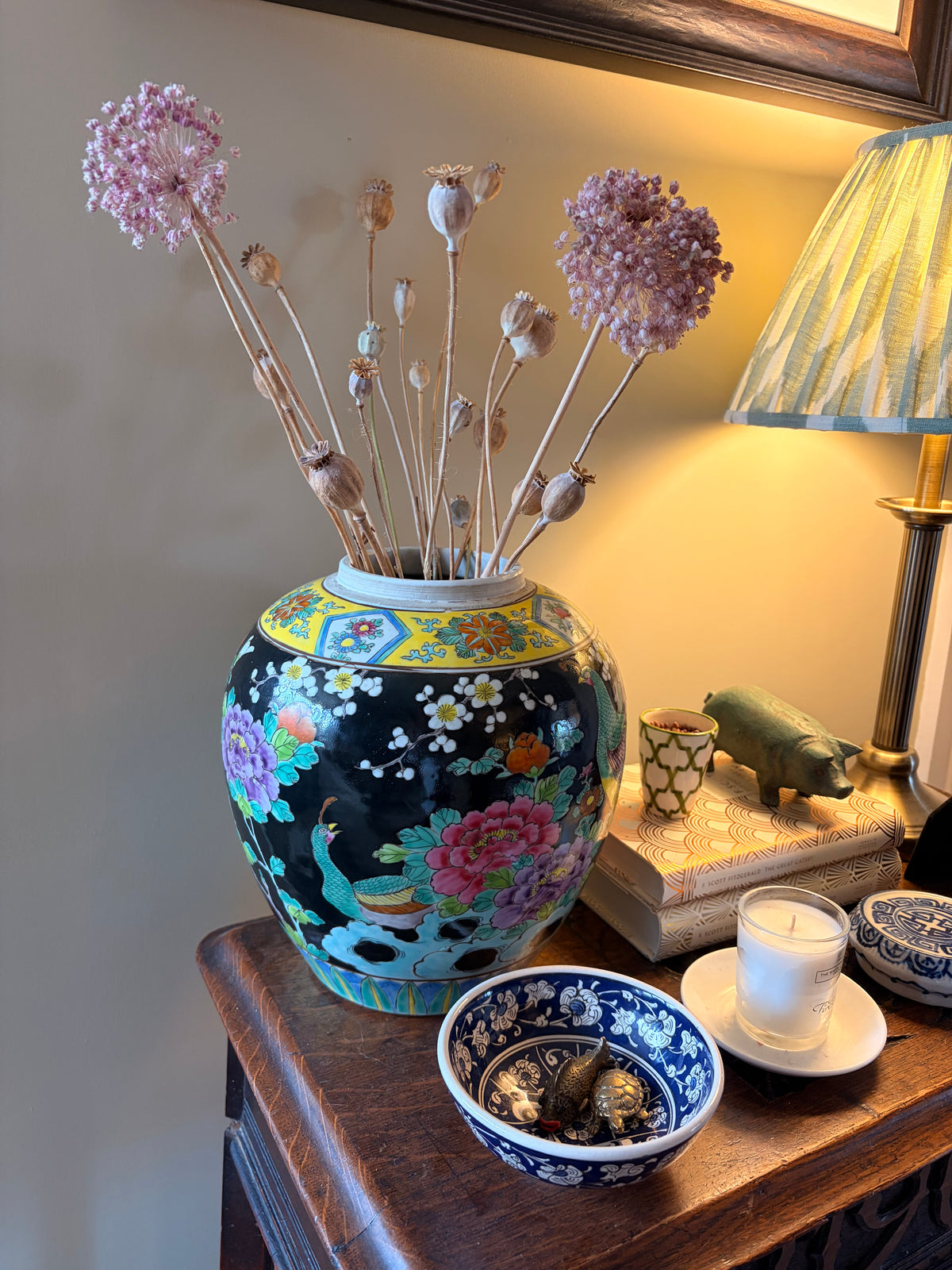 Vintage Japanese Black Porcelain Peacock & Peony Ginger Jar Vase
