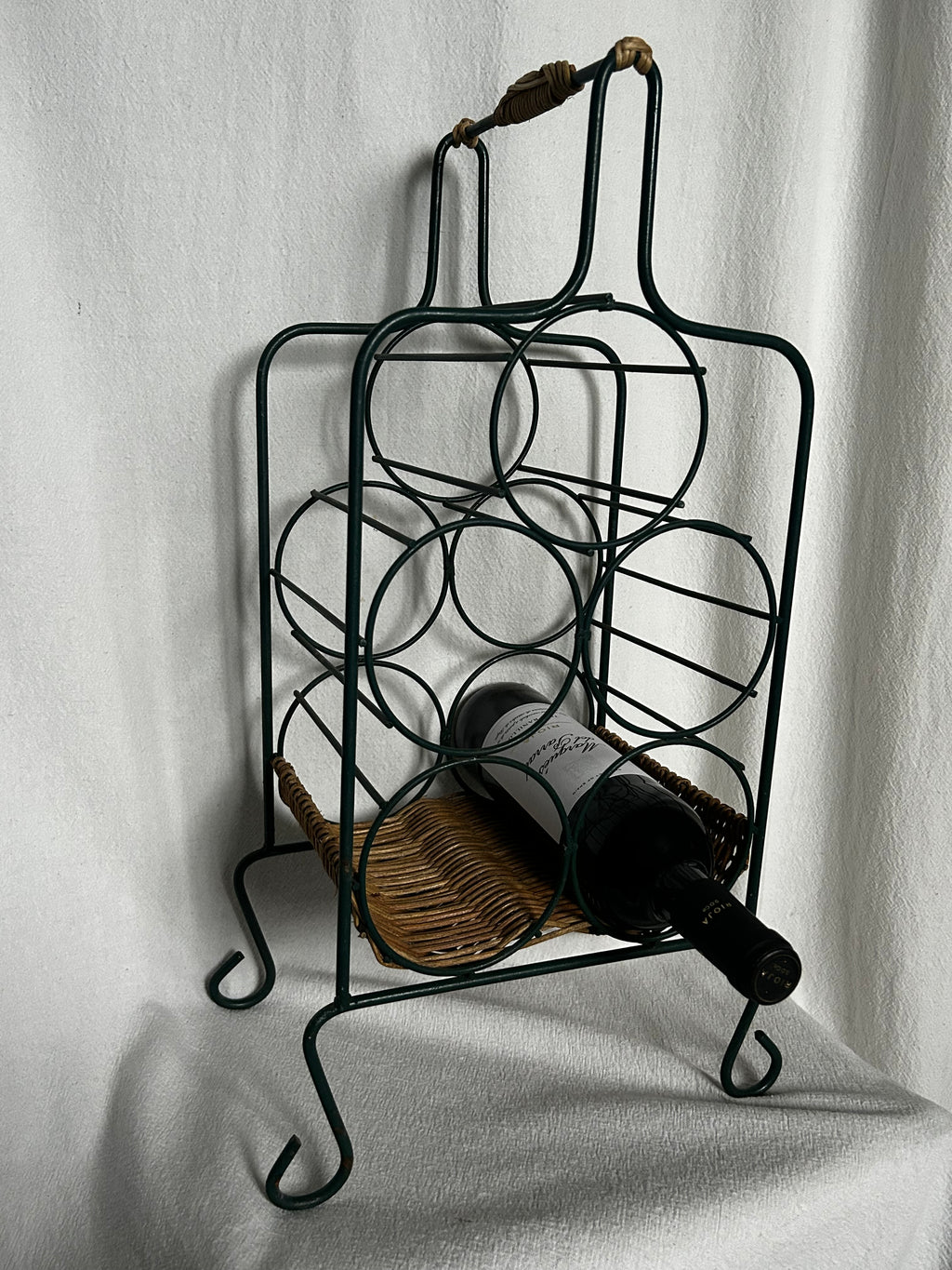 Racing Green Metal and Wicker Rattan Wine Rack