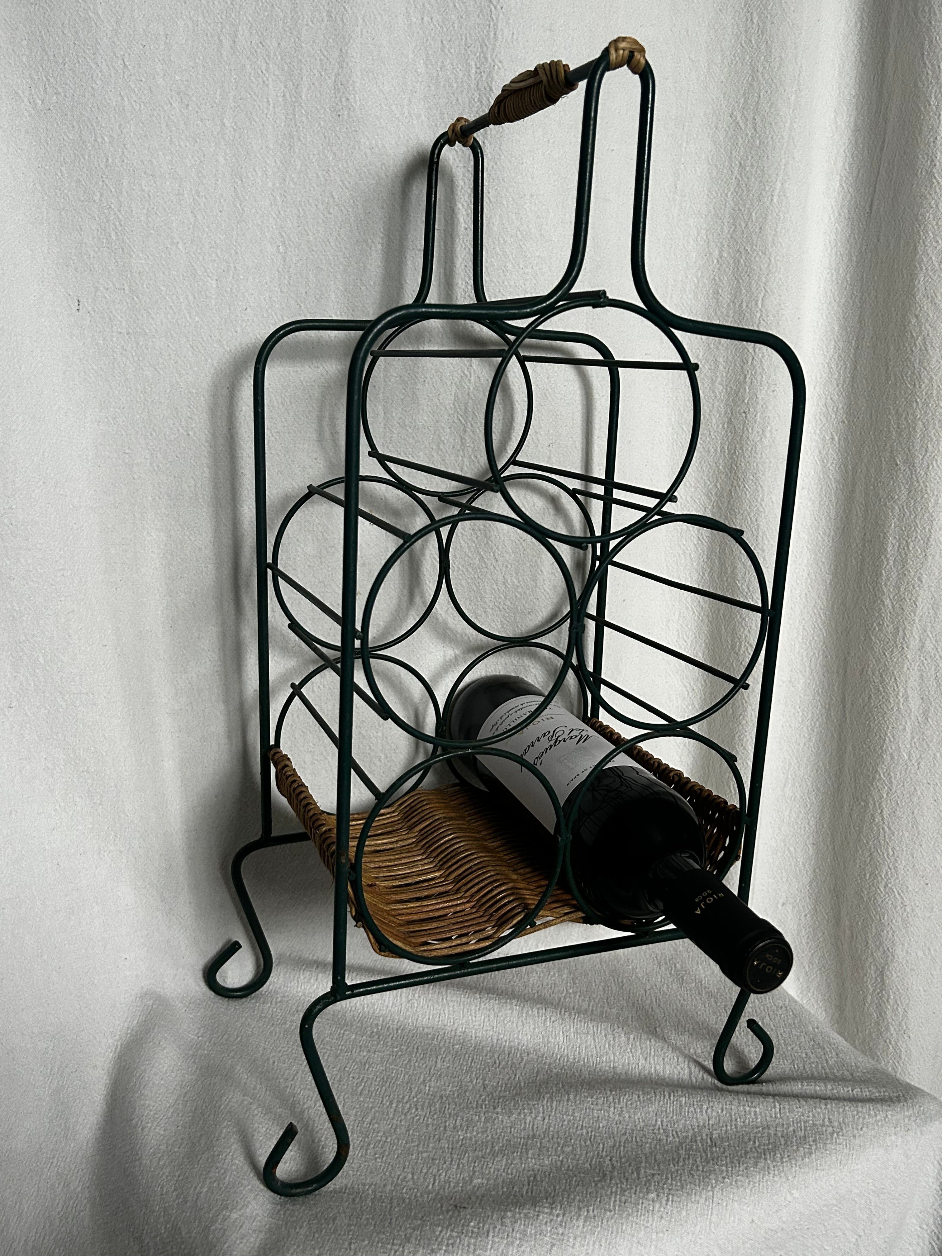 Racing Green Metal and Wicker Rattan Wine Rack