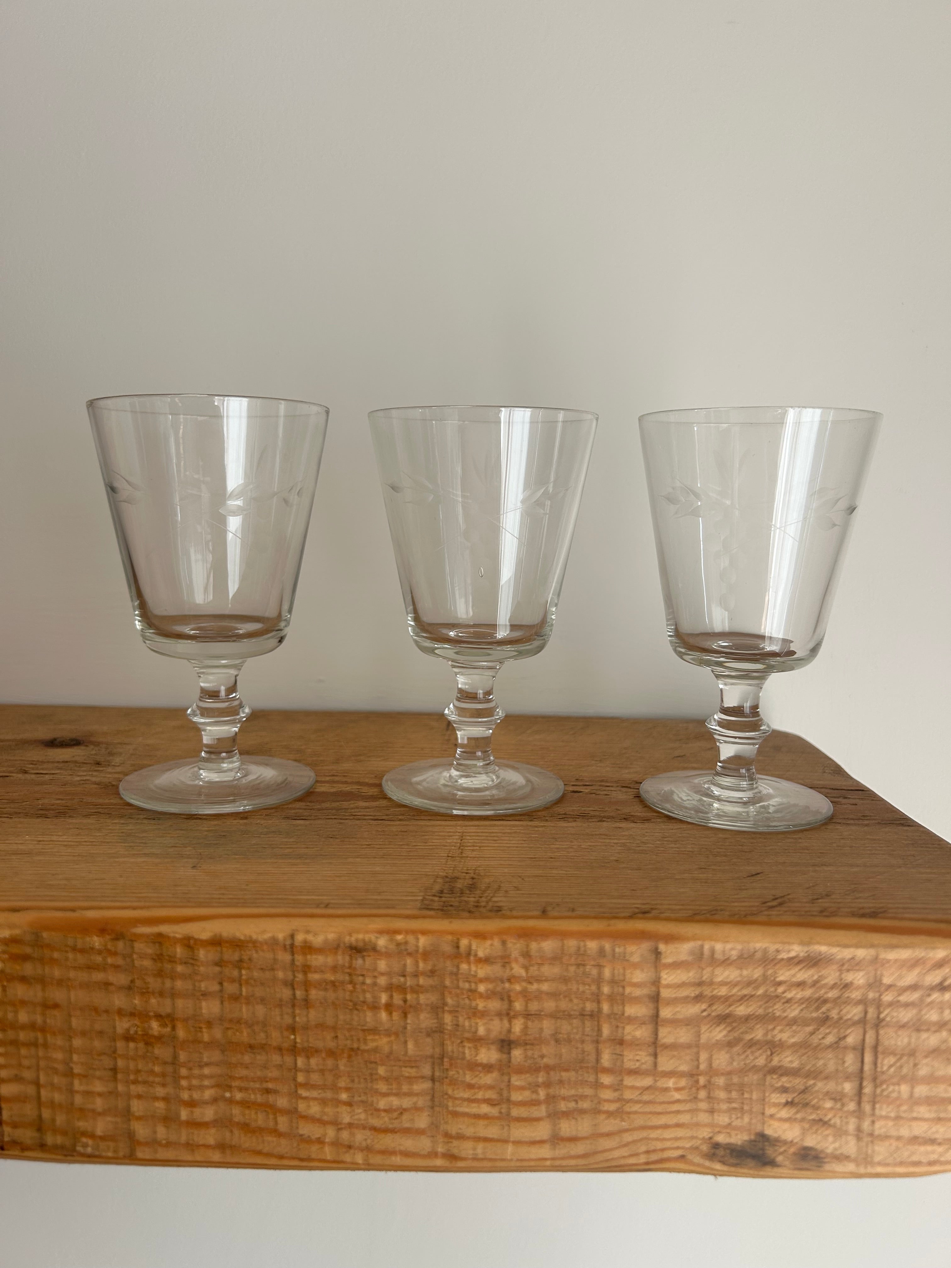 Trio of 5” Vintage Hand-Blown Etched Wine Glasses Grape & Vine Motif