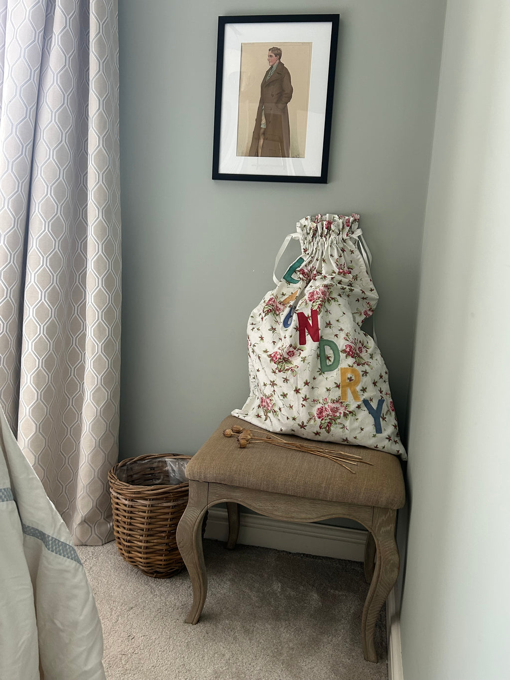 Vintage Floral Cotton Laundry Bag with Appliqué Lettering