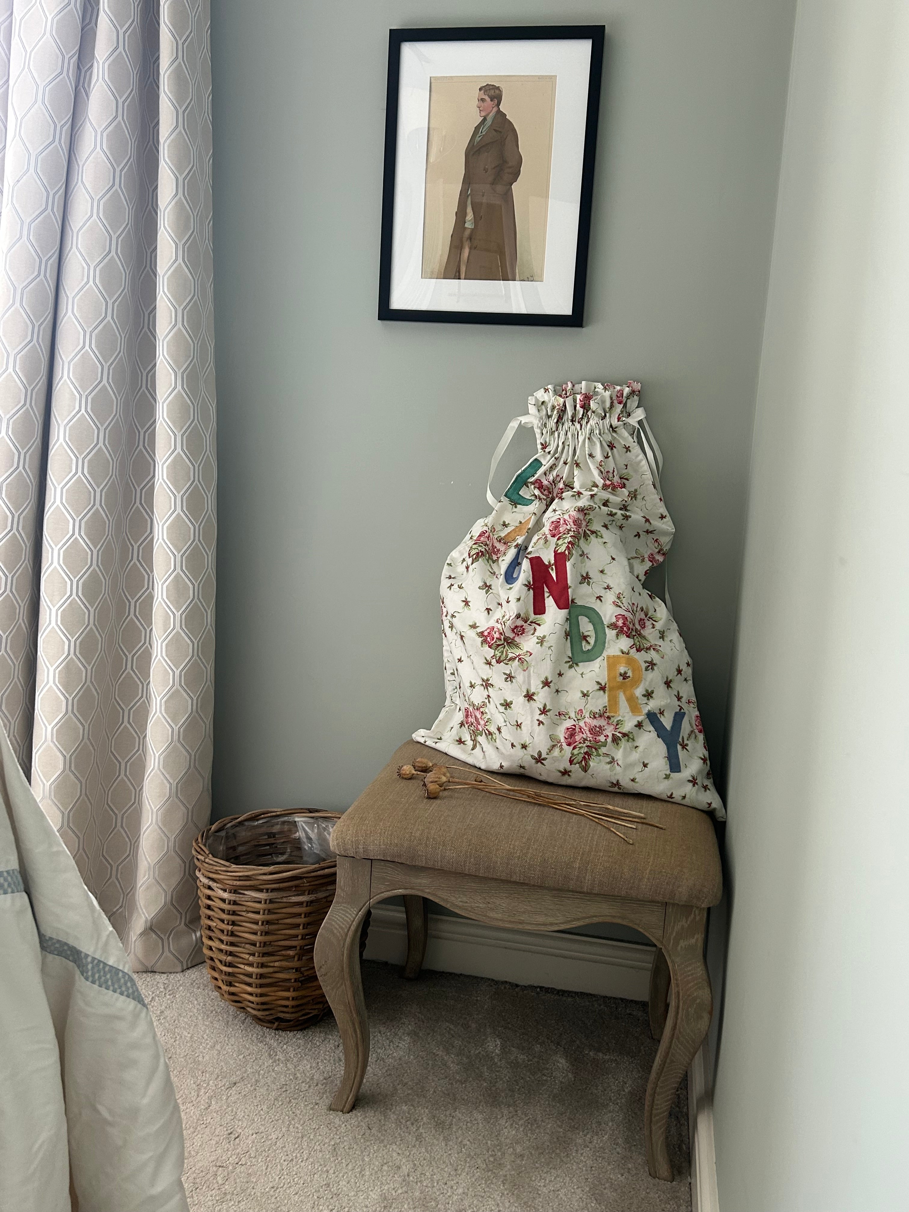 Vintage Floral Cotton Laundry Bag with Appliqué Lettering