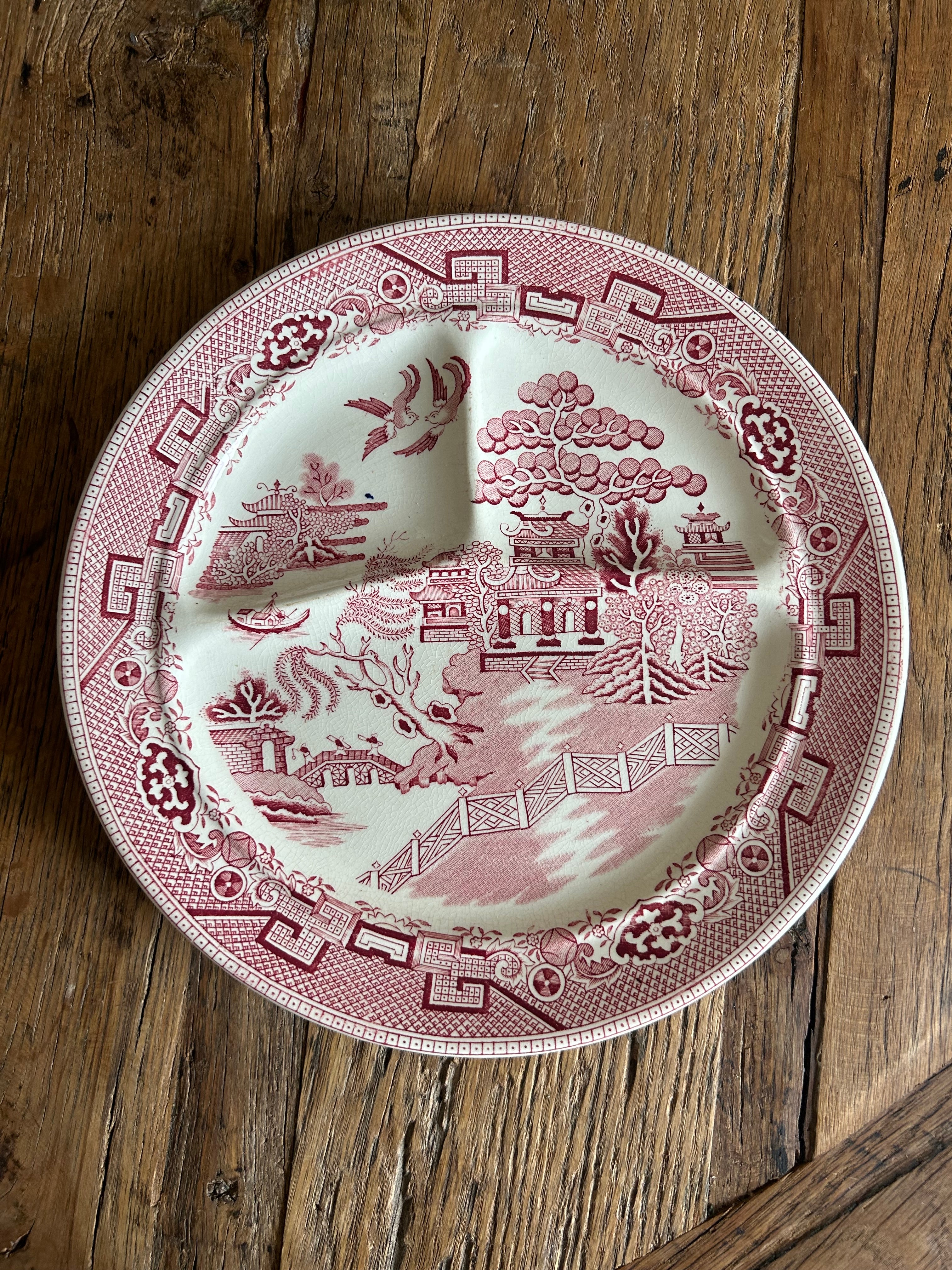 Vintage Red Willow Divided Grill Plate – Mid-Century English Transferware