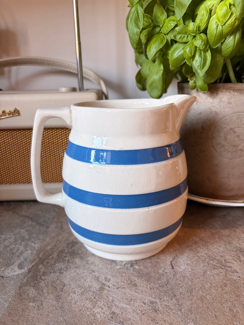 Vintage Staffordshire Chef Ware Striped Blue & Cream Milk Pitcher Jug