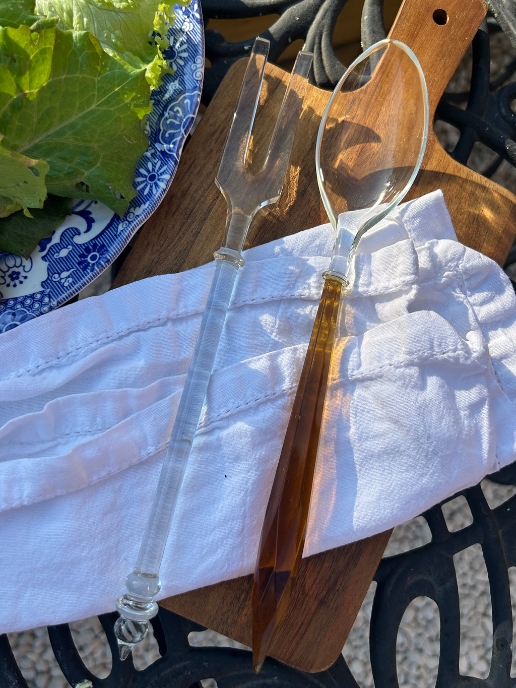 Vintage Art Deco Style Amber Lucite Salad Servers