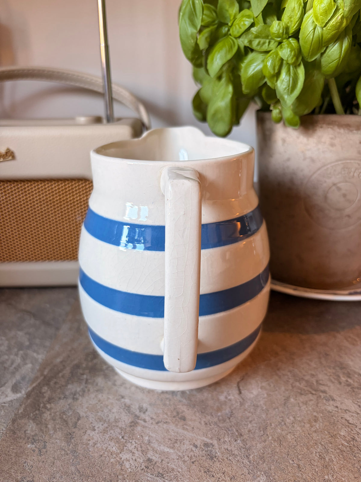 Vintage Staffordshire Chef Ware Striped Blue & Cream Milk Pitcher Jug