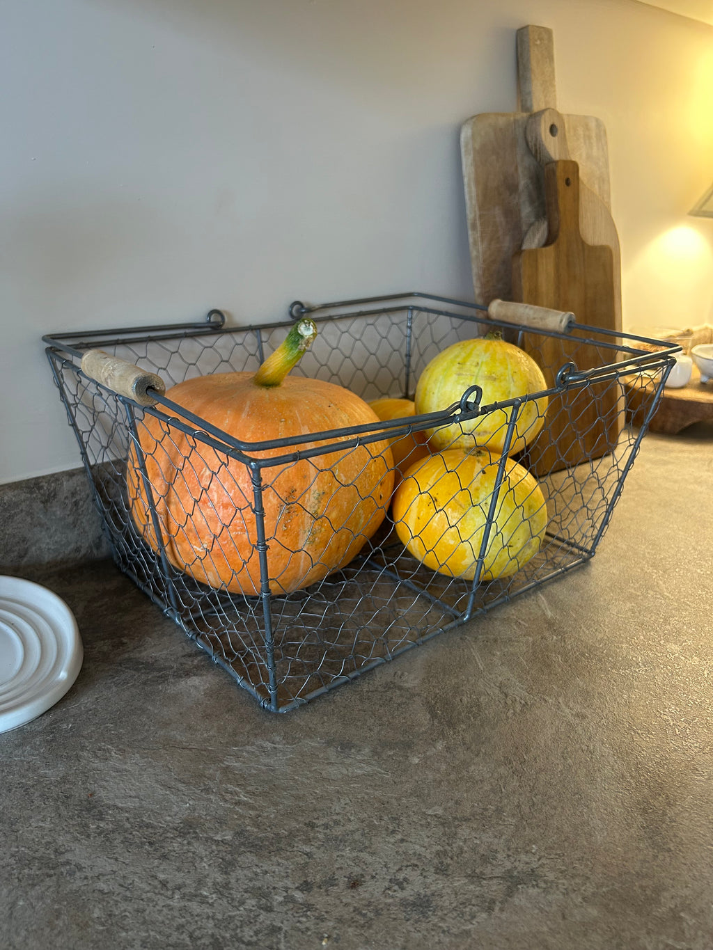 Rustic Wire Storage Basket with Wooden Handles – Farmhouse Kitchen Caddy