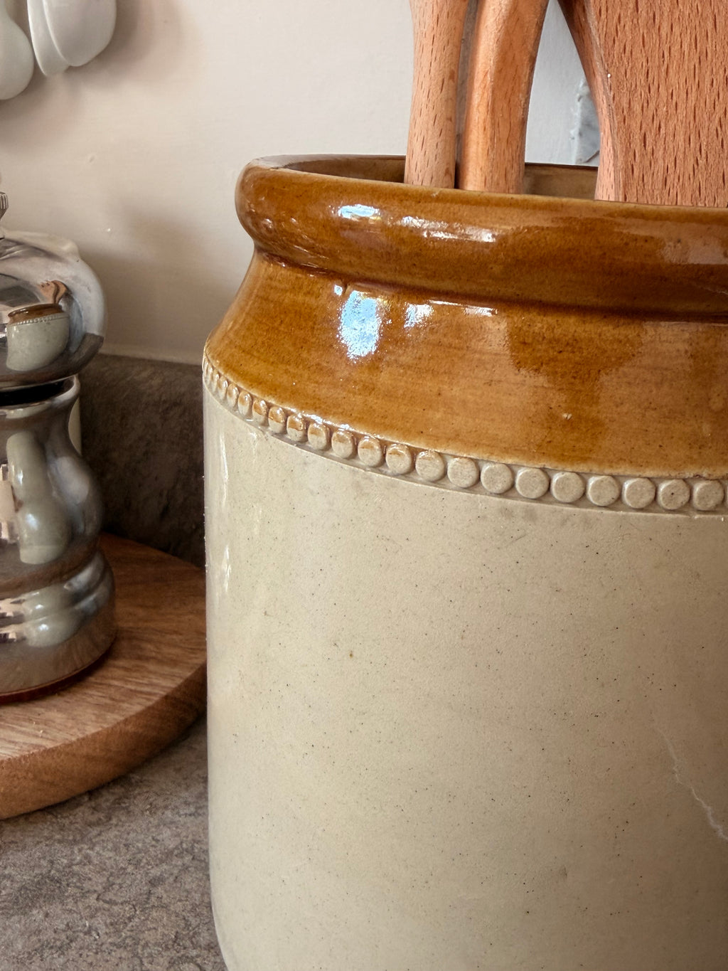Antique Two-Tone Stoneware Jar with Beaded Collar