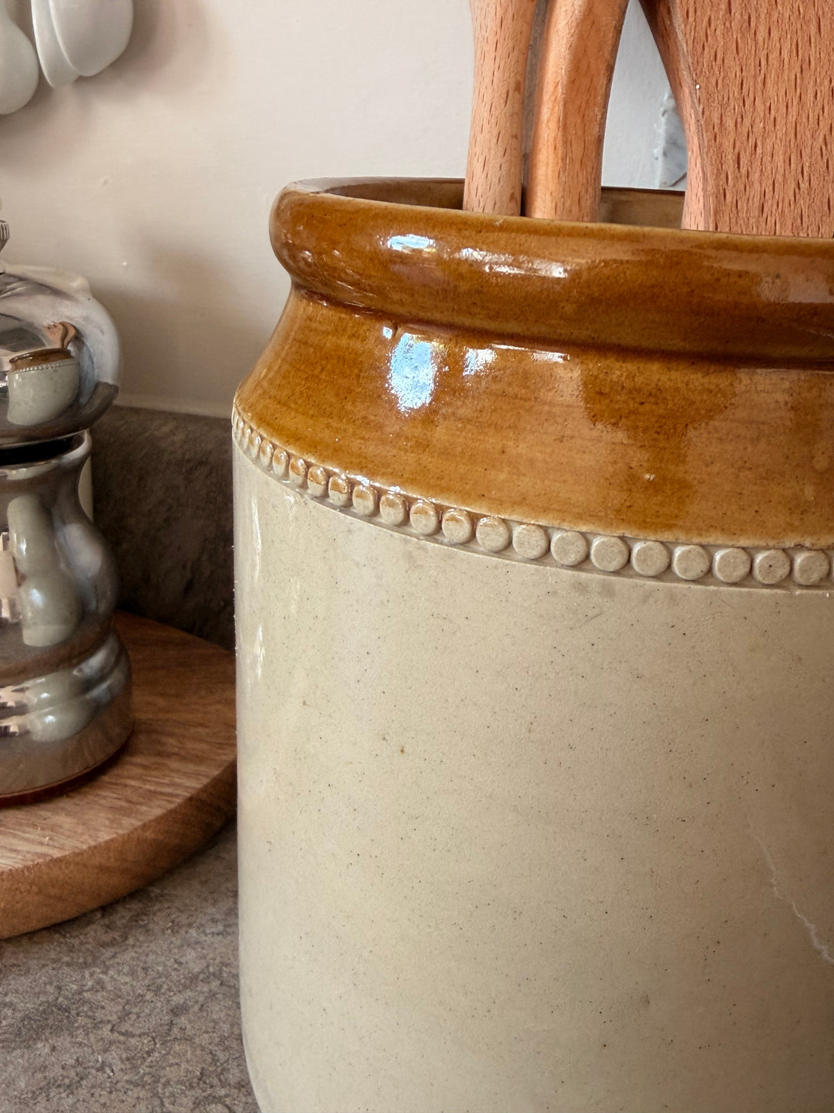 Antique Two-Tone Stoneware Jar with Beaded Collar