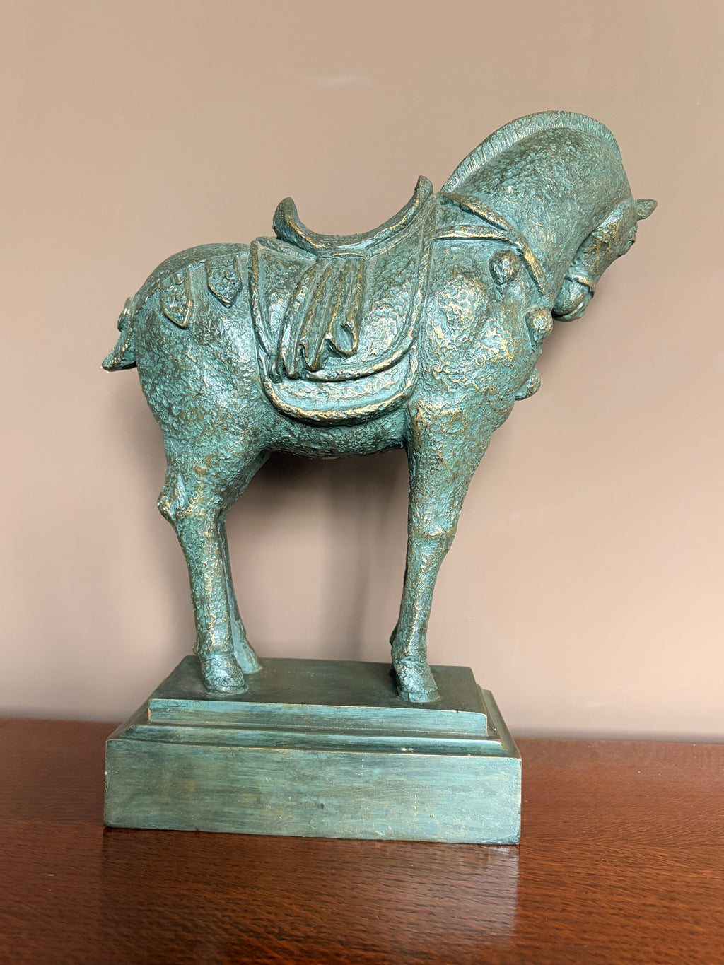 Tang Dynasty Style Verdigris Bronze Effect Resin Horse Sculpture