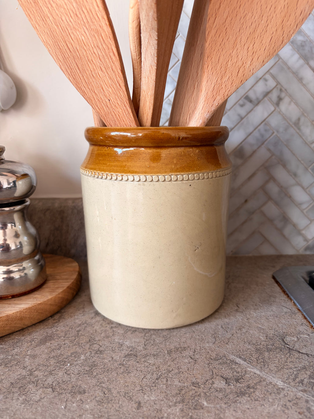 Antique Two-Tone Stoneware Jar with Beaded Collar