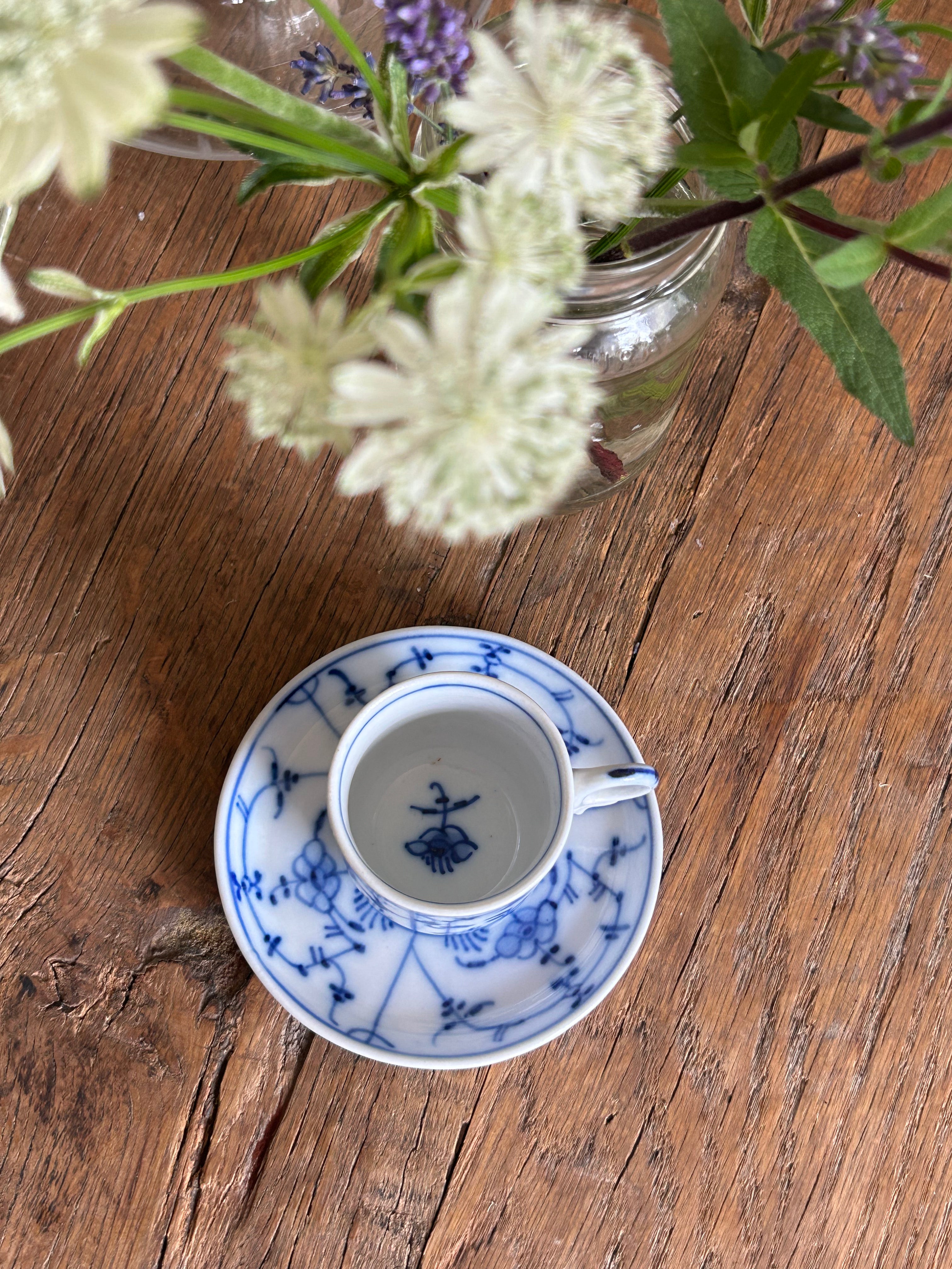 Vintage Unmarked Blue & White Espresso Cup and Saucer – Hand-Painted Danish Style