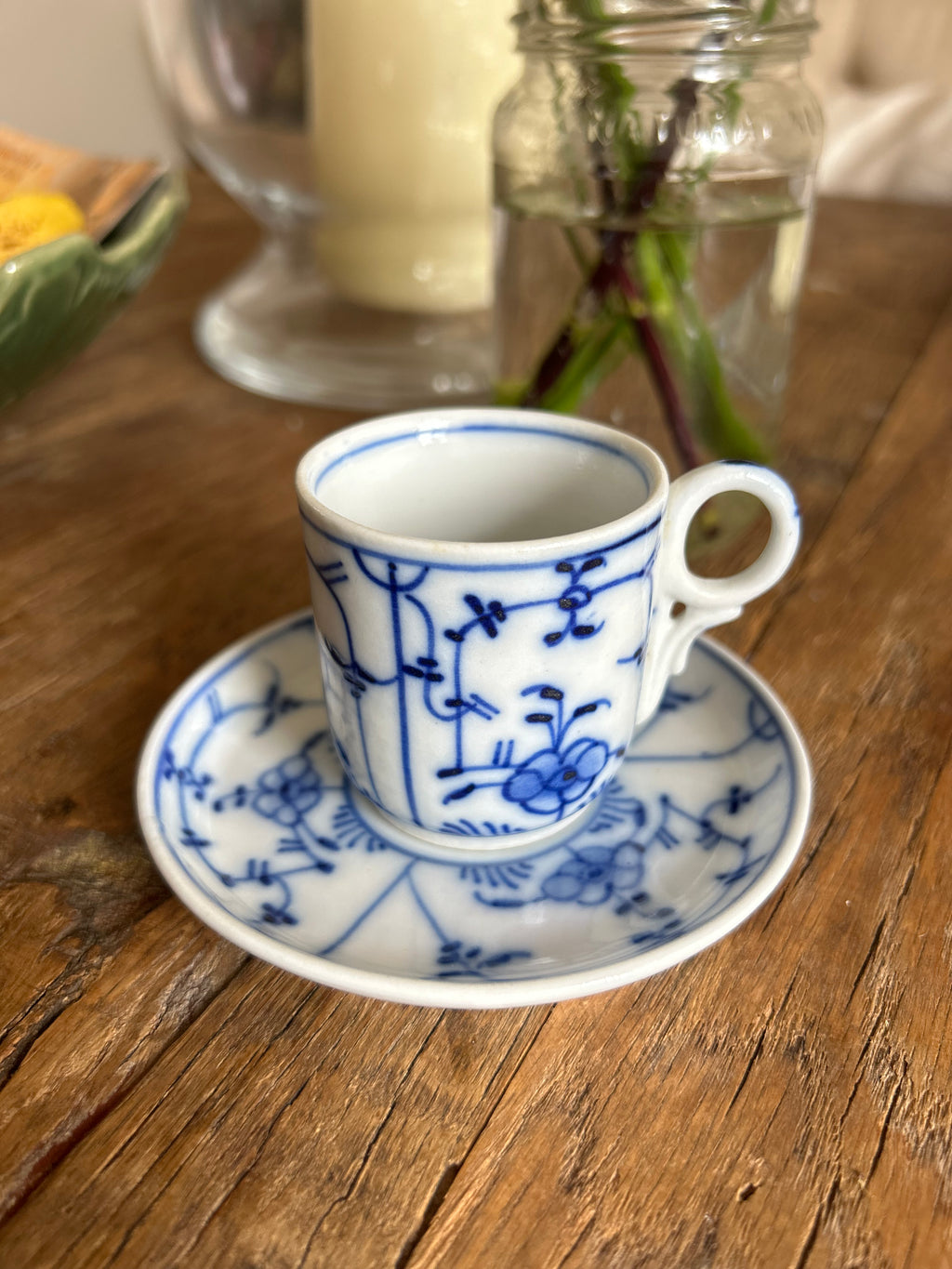 Vintage Unmarked Blue & White Espresso Cup and Saucer – Hand-Painted Danish Style