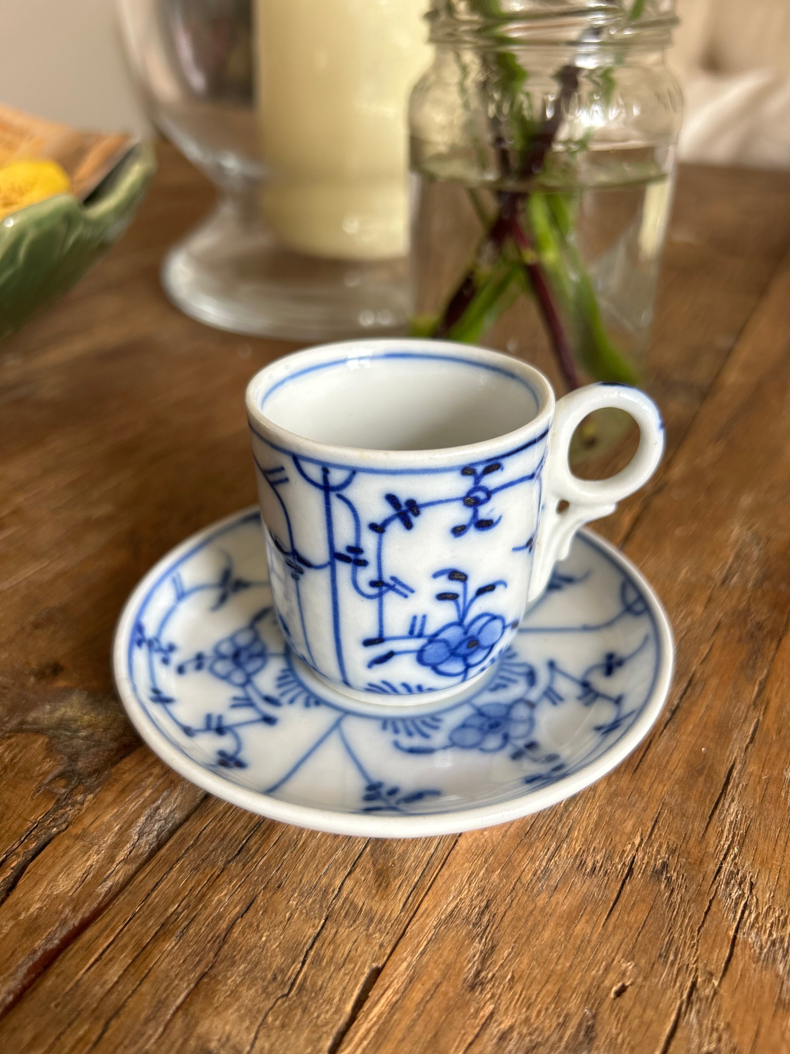 Vintage Unmarked Blue & White Espresso Cup and Saucer – Hand-Painted Danish Style
