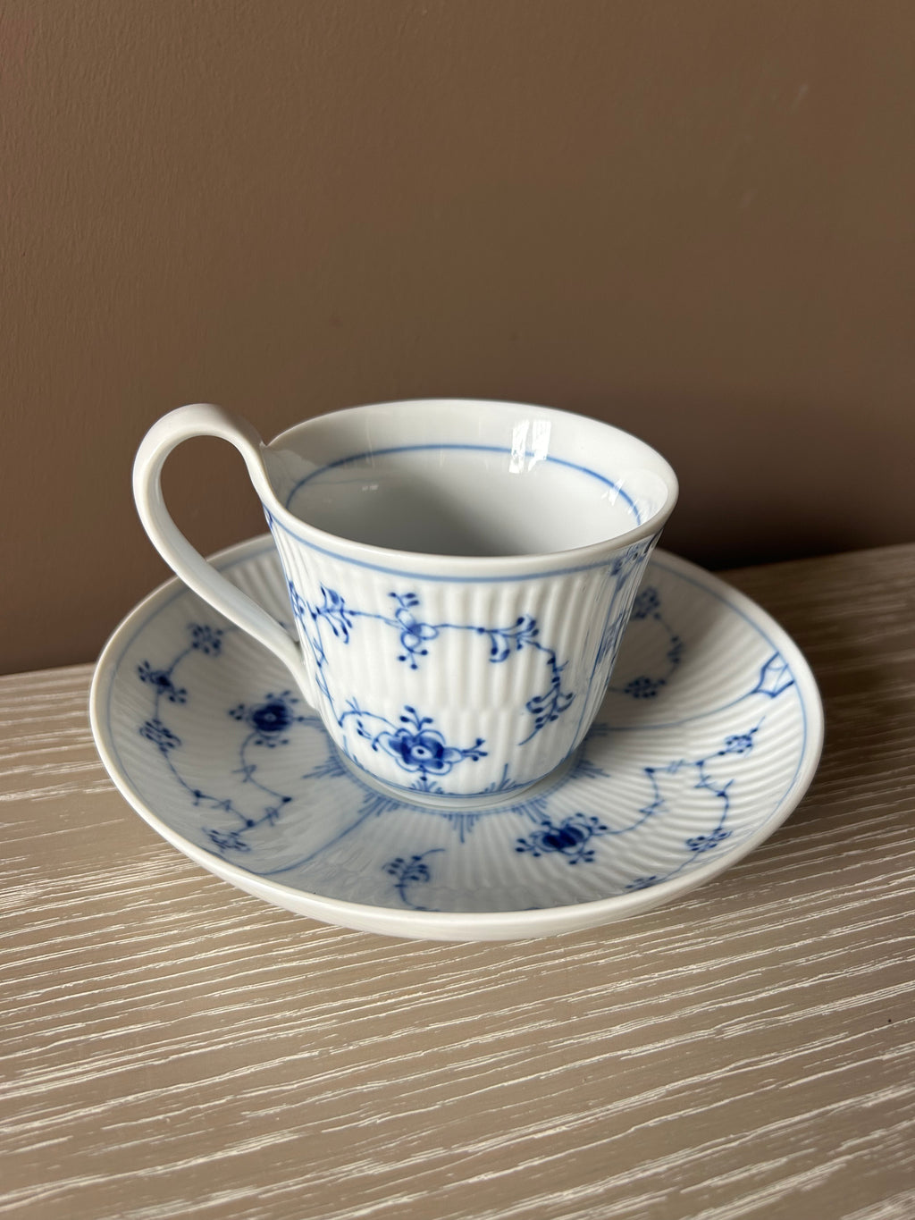 Vintage 1974 Royal Copenhagen "Blue Fluted Plain" High-Handle Cup & Saucer Set | First Quality, No. 093 & 091