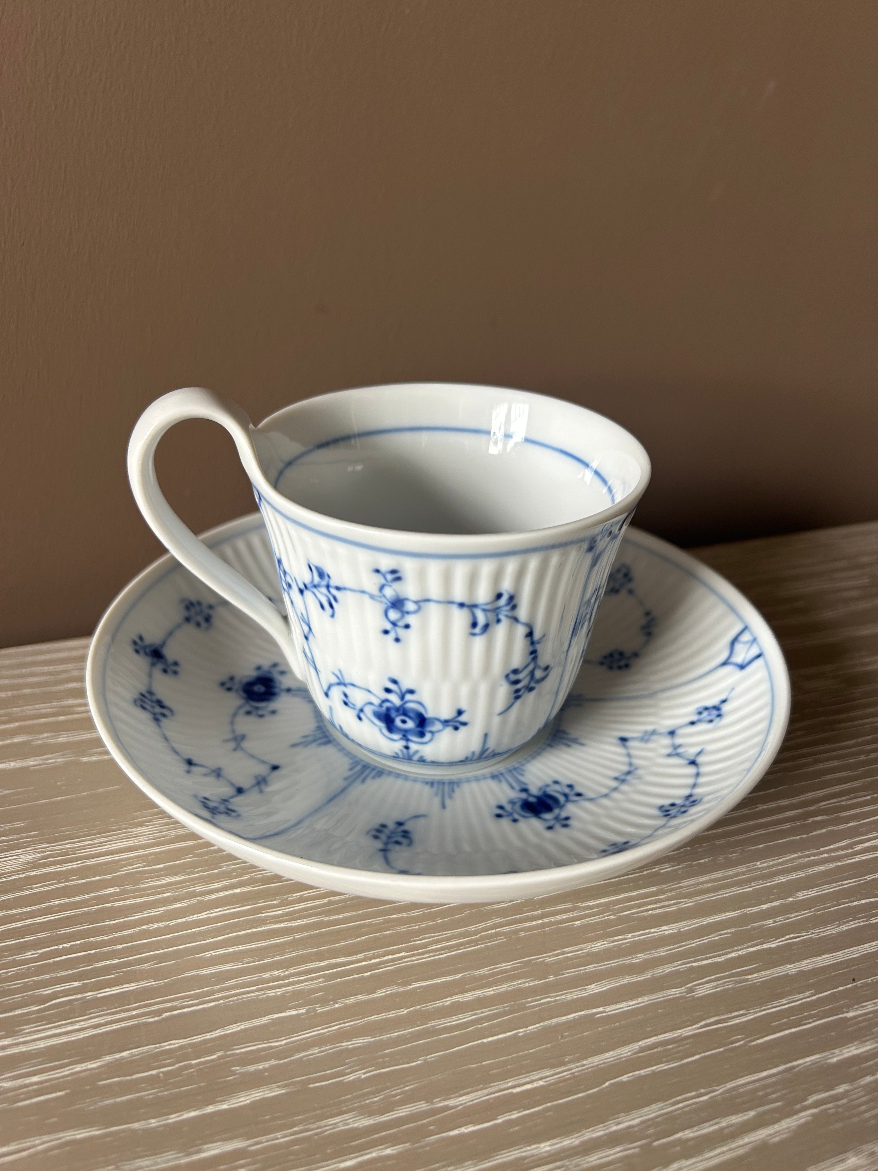 Vintage 1974 Royal Copenhagen "Blue Fluted Plain" High-Handle Cup & Saucer Set | First Quality, No. 093 & 091
