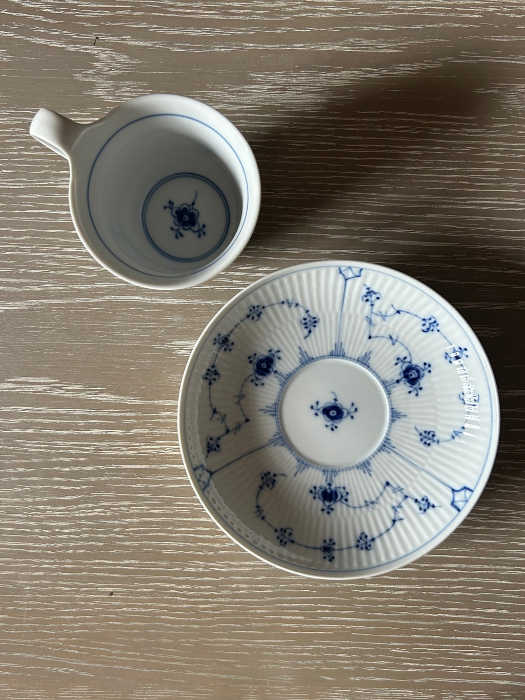 Vintage 1974 Royal Copenhagen "Blue Fluted Plain" High-Handle Cup & Saucer Set | First Quality, No. 093 & 091