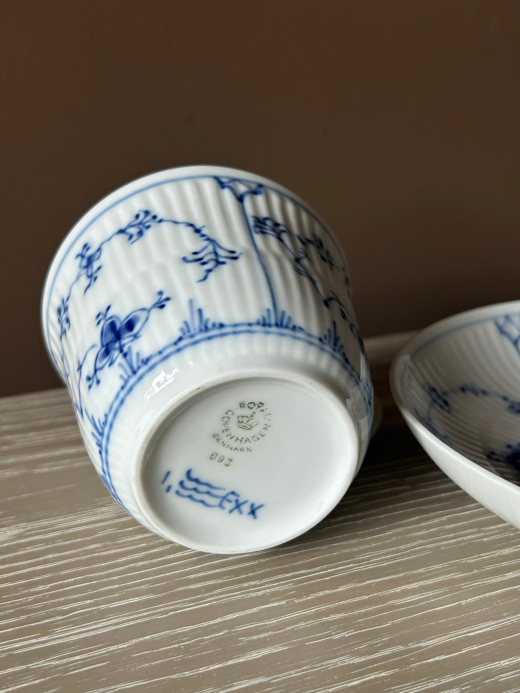 Vintage 1974 Royal Copenhagen "Blue Fluted Plain" High-Handle Cup & Saucer Set | First Quality, No. 093 & 091