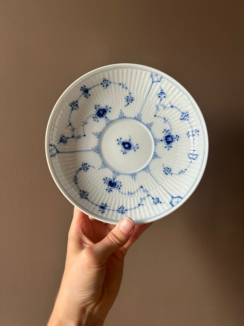 Vintage 1974 Royal Copenhagen "Blue Fluted Plain" High-Handle Cup & Saucer Set | First Quality, No. 093 & 091