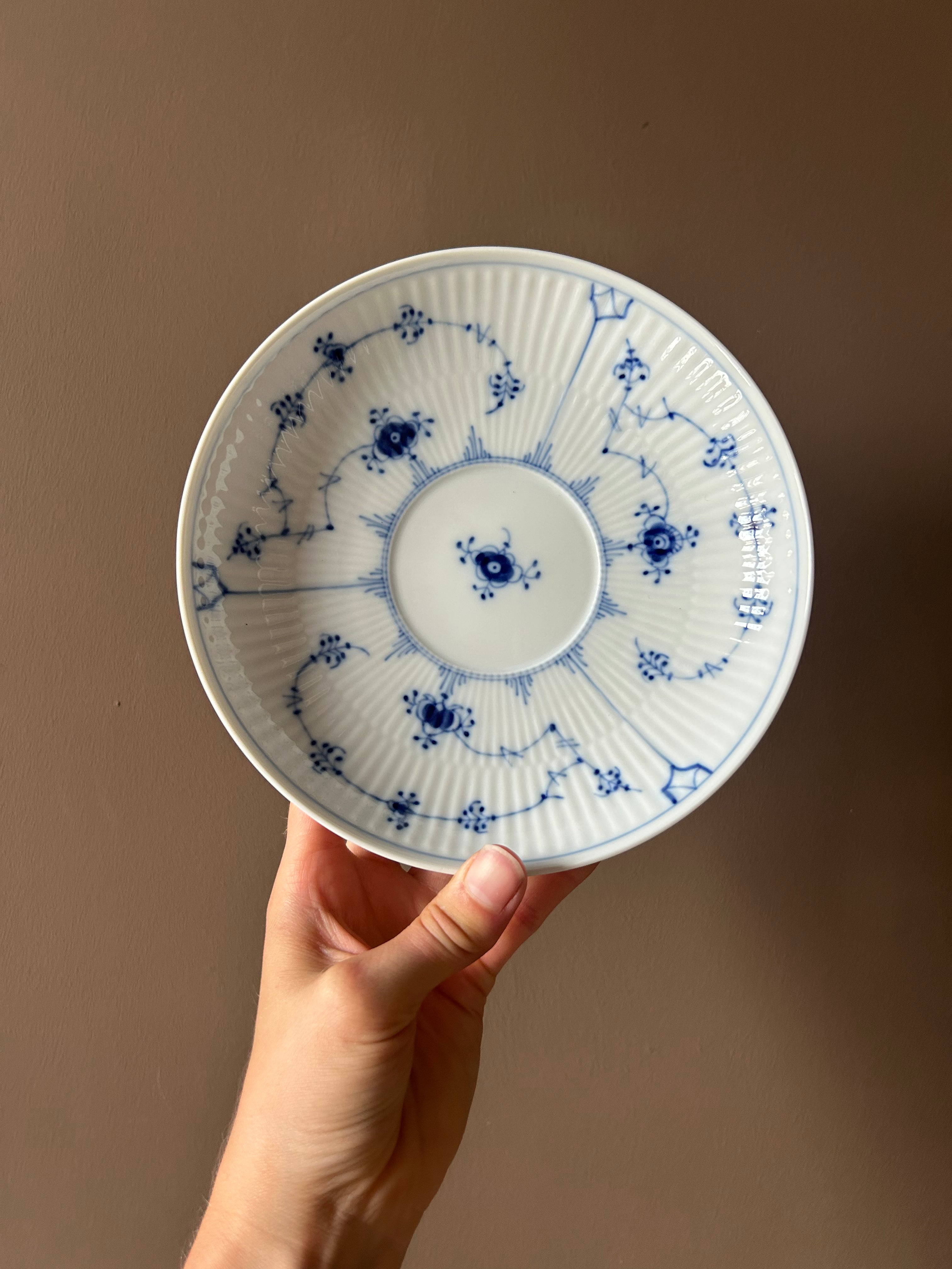 Vintage 1974 Royal Copenhagen "Blue Fluted Plain" High-Handle Cup & Saucer Set | First Quality, No. 093 & 091