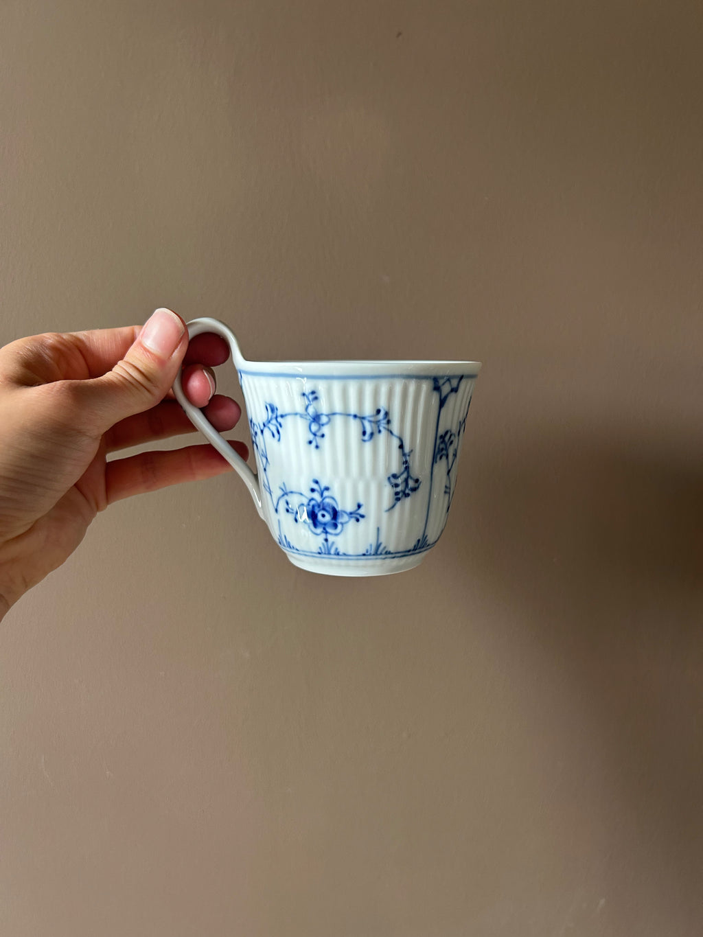 Vintage 1974 Royal Copenhagen "Blue Fluted Plain" High-Handle Cup & Saucer Set | First Quality, No. 093 & 091