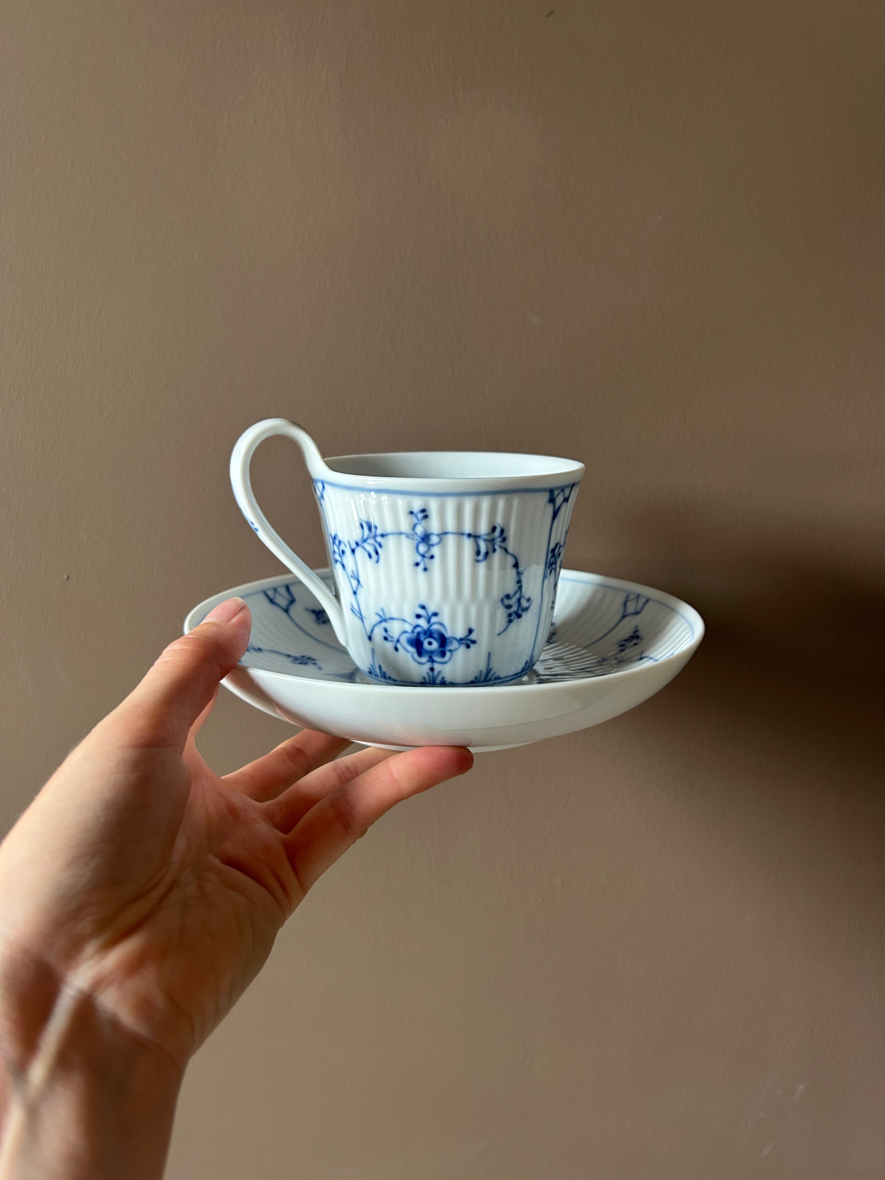 Vintage 1974 Royal Copenhagen "Blue Fluted Plain" High-Handle Cup & Saucer Set | First Quality, No. 093 & 091